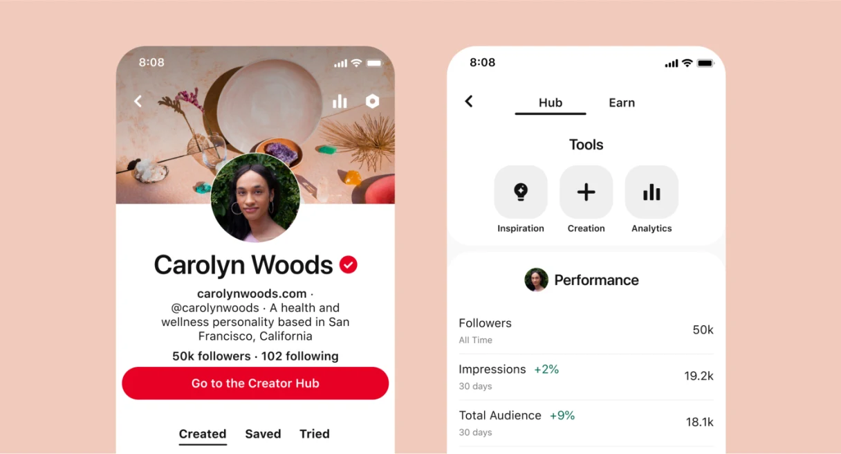 Mobile view of a profile for Carolyn Woods, along with a view of the performance tab of the creator hub