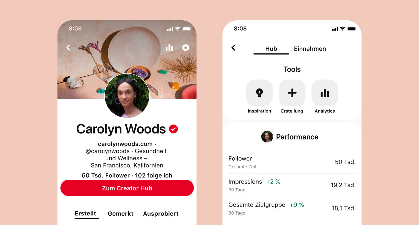 Mobile Ansicht des Profils von Carolyn Woods neben einem Bild des Performance-Tab im Creator-Hub