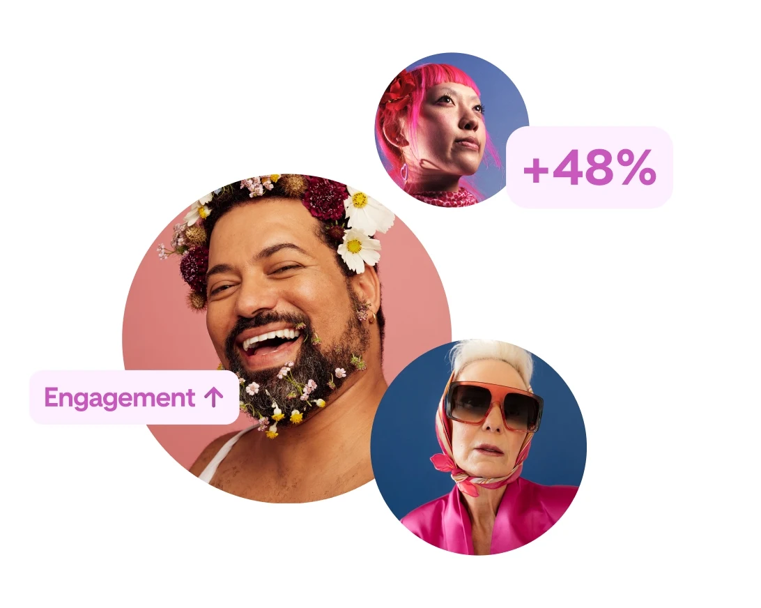 A group of photos shows people across different demographics, with icons indicating increasing engagement.