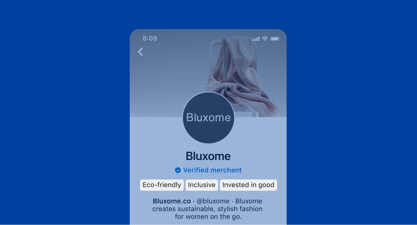 Pin on a blue background for a brand called Bluxome, featuring a light pink scarf draped across a white chair and including values-based badges: eco-friendly, inclusive and invested in good