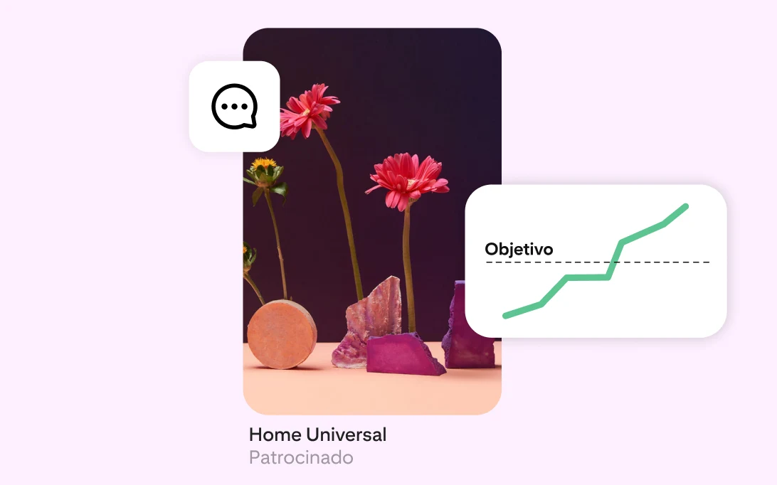 Un anuncio de Pinterest en el que aparecen flores en jarrones de piedra, junto a un ícono de chat y un gráfico de líneas con el que se muestra que se superó un objetivo.