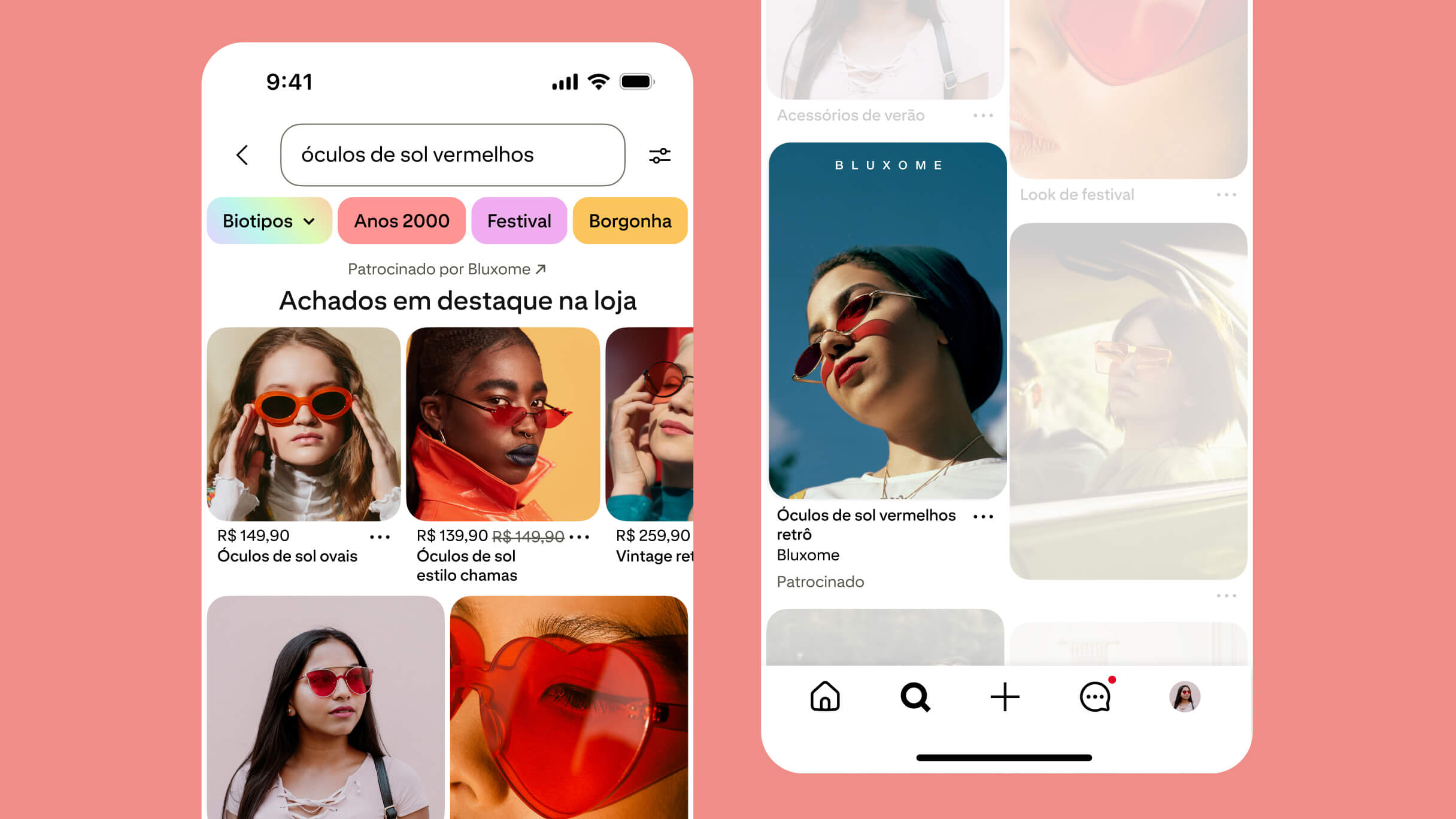  Duas telas de celular mostram posicionamentos de anúncios no topo da pesquisa nos resultados do Pinterest.