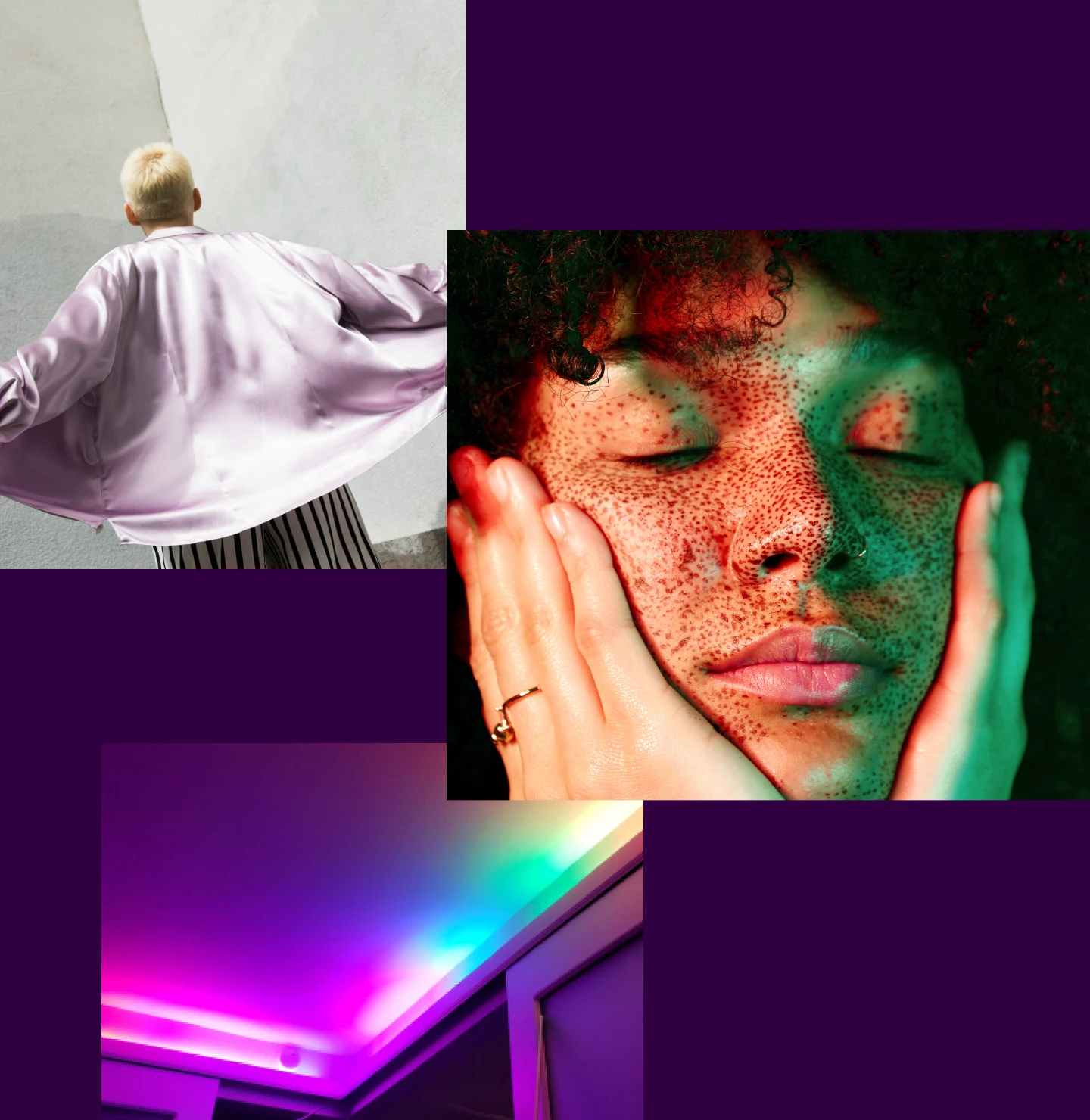 The back side of a person with short bleached blond hair wearing lilac sateen jacket and striped pants. Woman with curly black hair and lots of freckles, with her hands on her cheeks. The corner ceiling of a room with strips of purple LED lights,; the entire room is illuminated in purple