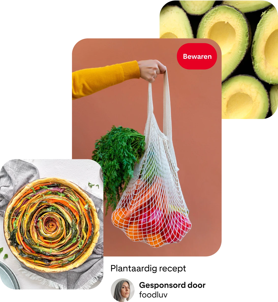 Collage van pins: bovenaanzicht van een kleurrijke, wervelende groentetaart. Witte hand in een gele mouw die een boodschappentas van witte netstof vasthoudt met oranje en gele groenten, uit de tas steken groene stelen. Bovenaanzicht van felgroene halve avocado's.
