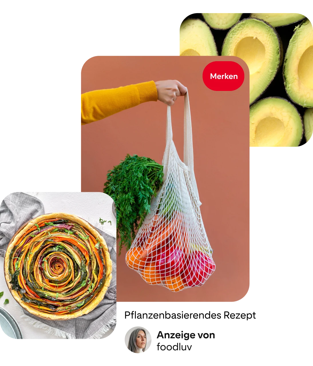 Pin-Collage: Aufnahme von oben von bunter Gemüsequiche in Strudelform. Weiße Hand in gelbem Ärmel hält weißes Einkaufsnetz mit orange- und rotfarbenem Gemüse und grünen Blättern. Aufnahme von oben von grünen Avocadohälften.