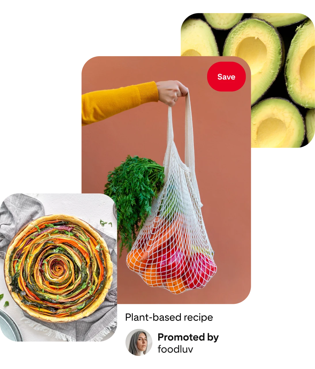 Collage of Pins: aerial view of a colorful, swirled vegetable tart. White hand in a yellow sleeve holds a white-mesh shopping bag with orange and yellow vegetables, green stems coming out of the bag. Aerial view of bright green avocado halves.