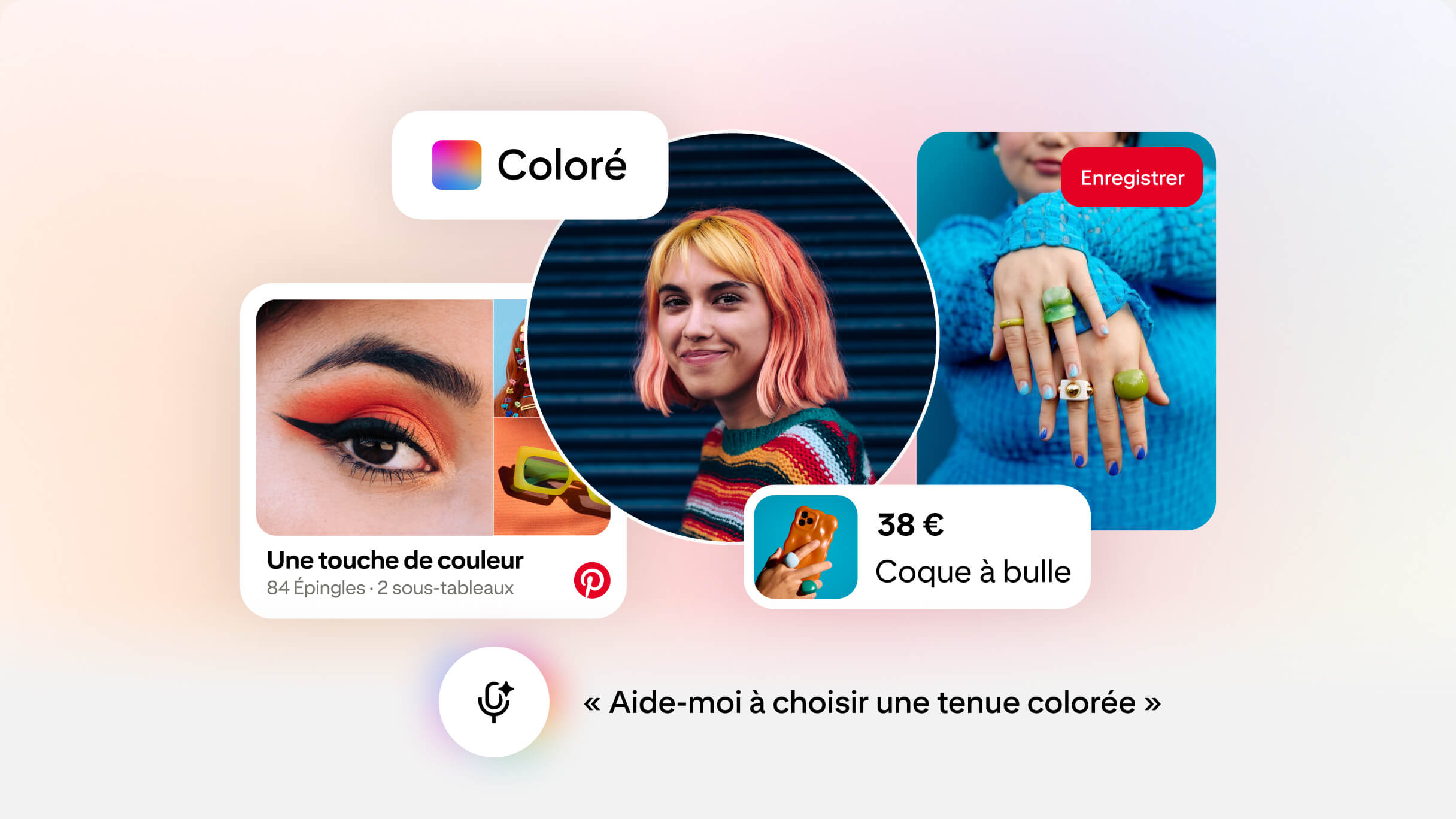 Une invite de l’Assistant Pinterest indique « Aide-moi à concevoir une tenue colorée » et présente des Épingles et des images pertinentes, ainsi qu’un tableau intitulé « Une touche de couleur ».