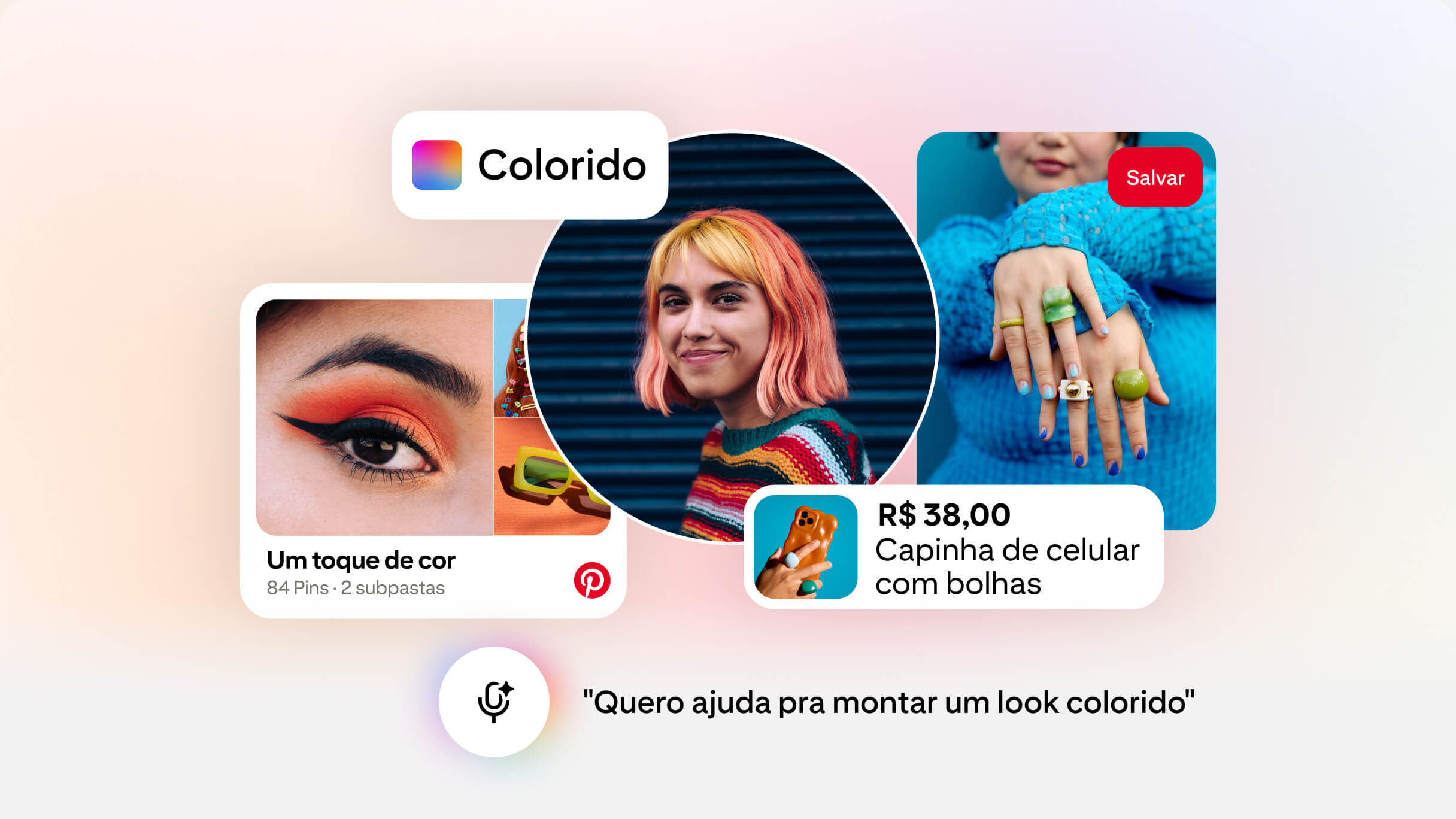 O prompt para o Assistente do Pinterest diz: "Quero ajuda para montar um look colorido" e, em seguida, exibe Pins relevantes, imagens e uma pasta chamada "Um toque de cor".