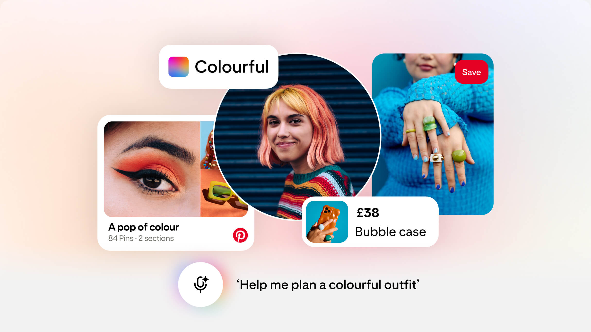 A Pinterest Assistant prompt says ‘Help me plan a colourful outfit’ and shows relevant Pins, images and a board called ‘A pop of colour’.