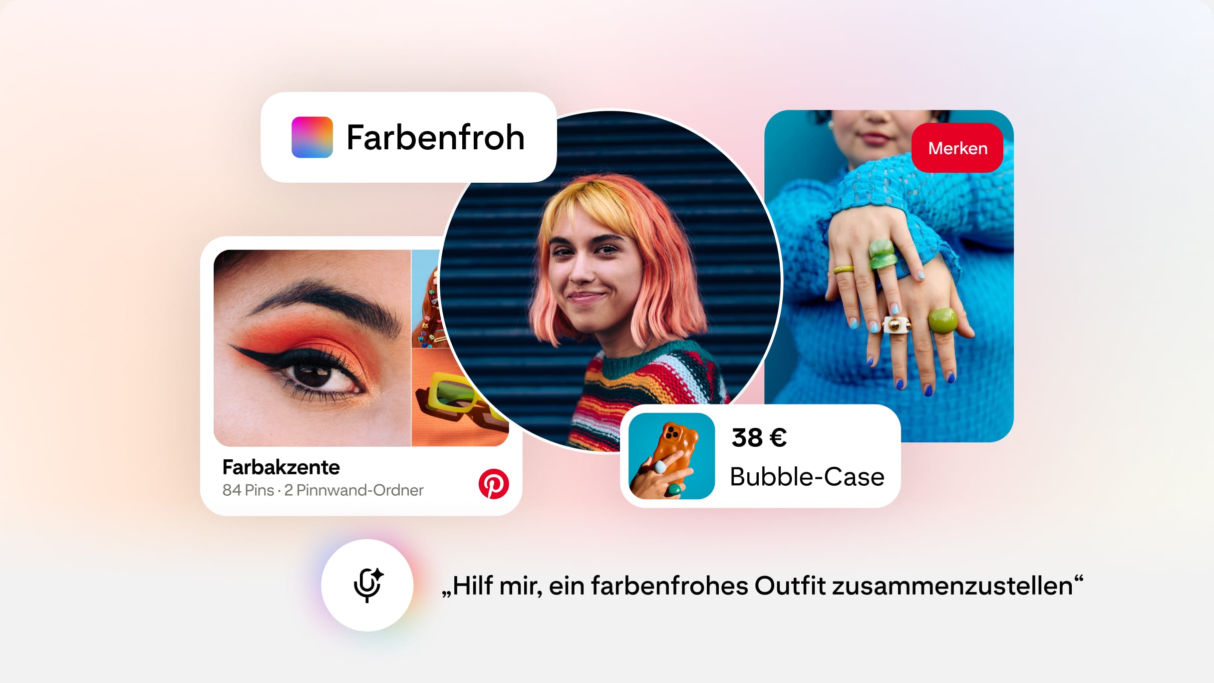 Eingabe im Pinterest Assistant mit dem Text „Hilf mir, ein farbenfrohes Outfit zusammenzustellen“ und passenden Pins, Bildern und einer Pinnwand mit dem Titel „Farbakzente“.