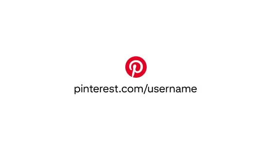 The Pinterest logo in white and circled in red, centered with a sample account URL against a white background