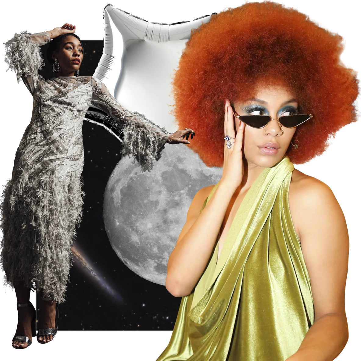 Black woman in shaggy gray dress leans against a full moon on the left. Black woman with red hair and green silky dress on right. Backdrop of outer space with a silver star balloon at top.