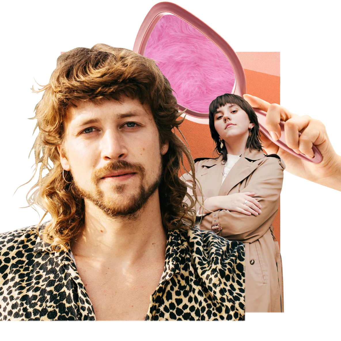 A white man is on the left with a dark blonde mullet and a goatee. A white woman with dark hair is on the right, wearing a beige trench coat. A large pink mirror is at the back against an orange backdrop.