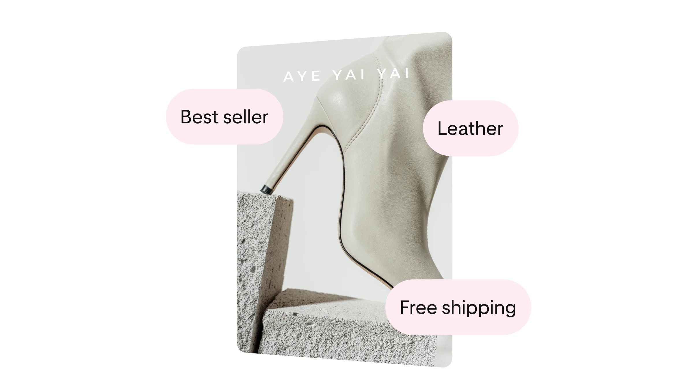 Aye Yai Yai promotes their white leather boots, with copy showing they’re best sellers and ship for free.
