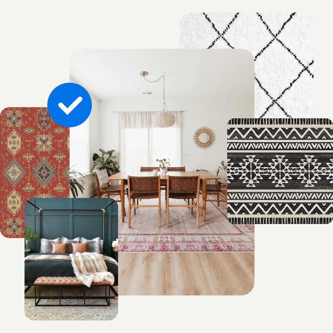 Collage of home decor images featuring various rugs and a cozy, rustic dining room setup, complemented by a checked mark symbol.