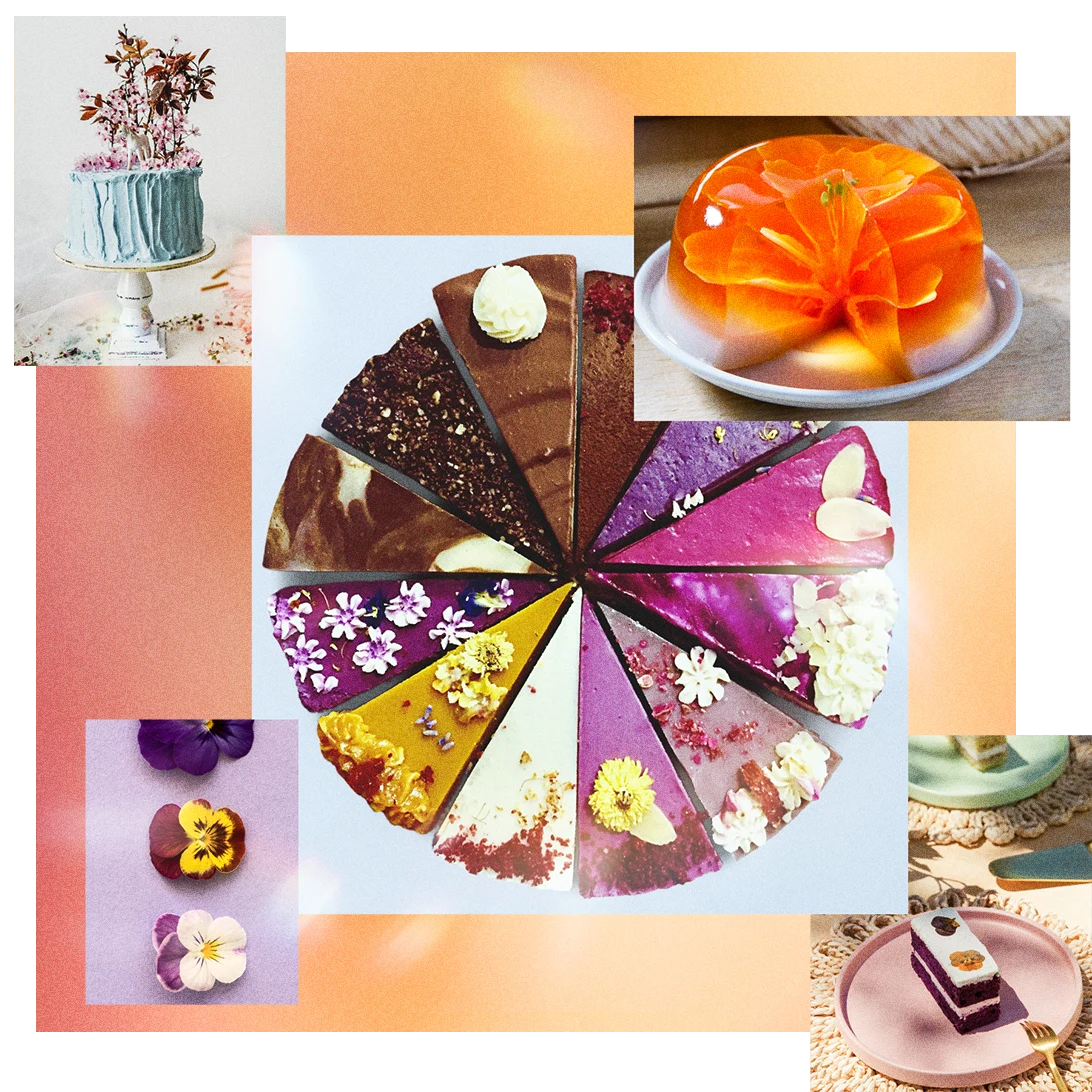 A bright set of images showing uniquely decorated cakes and cake slices with various wild flower adornments. 