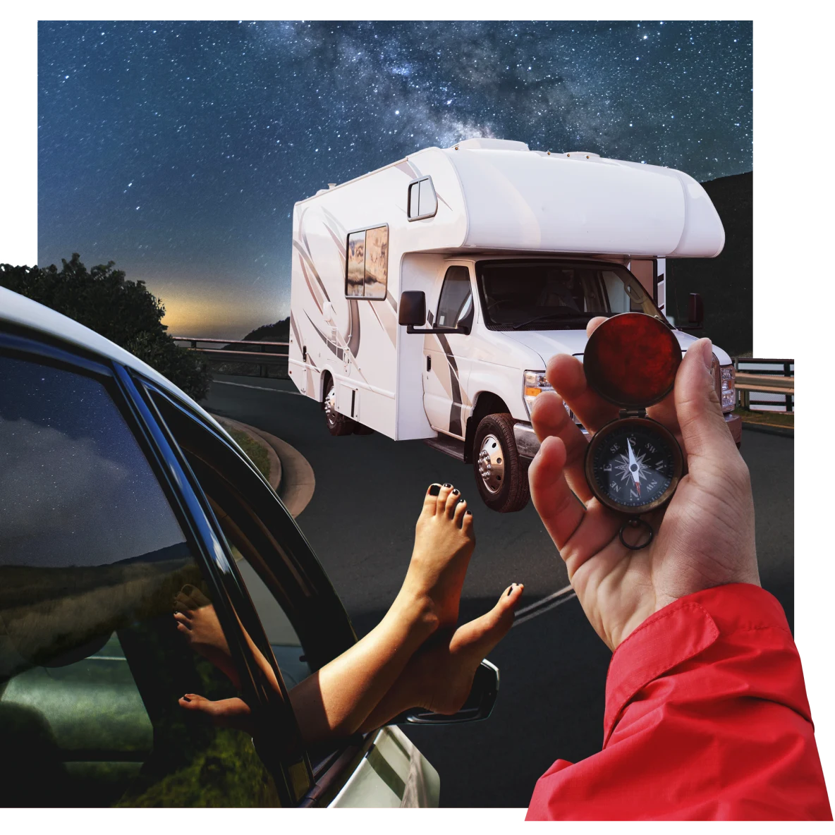 Feet with black toenail varnish lounge out of a car window. A hand with a red sleeve is holding a compass. A white motorhome is parked at a night-time view point, overlooking a valley at dusk and a star-filled sky.