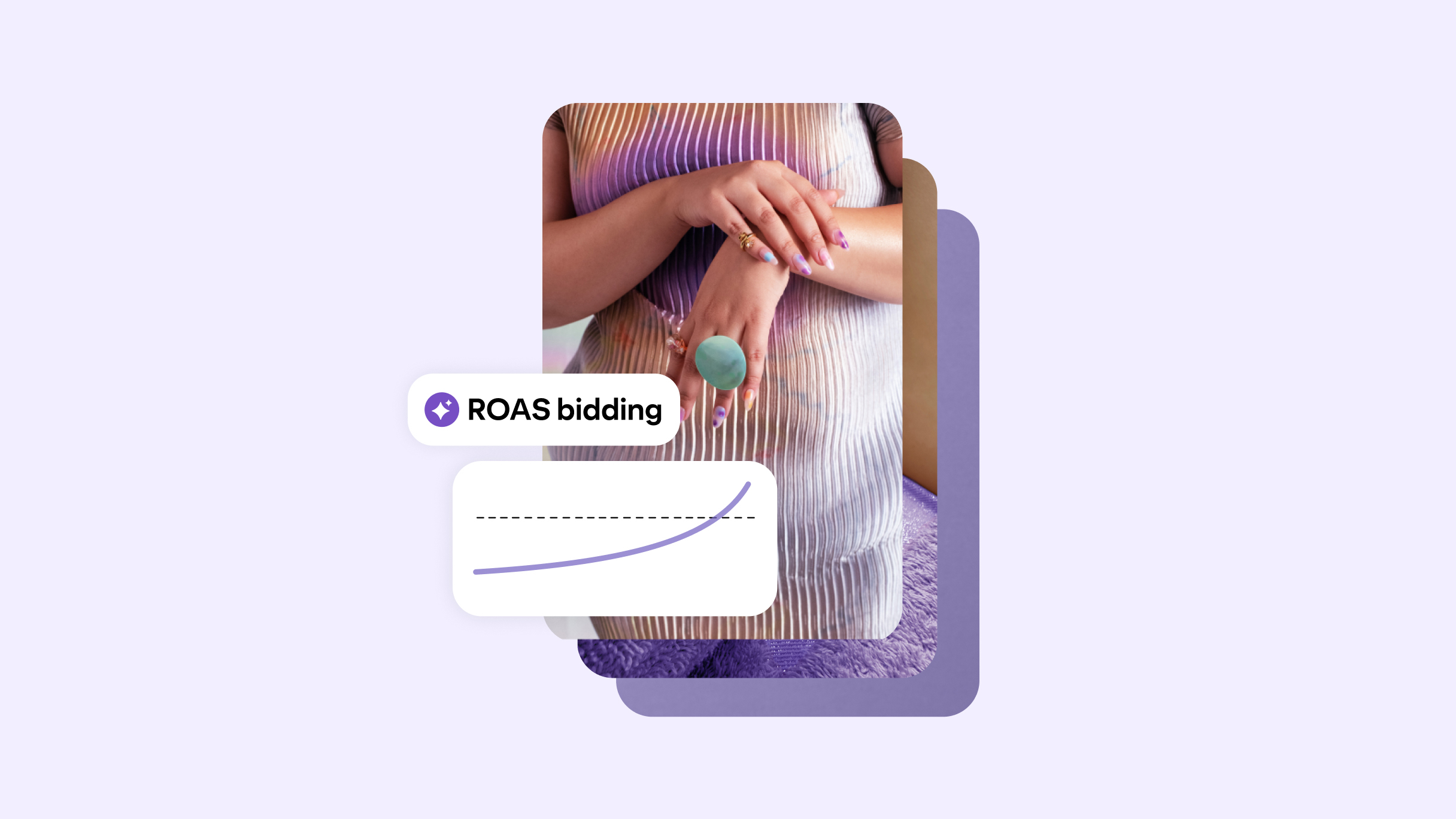  Mock Pinterest Pin showing a close-up of hands with pastel manicured nails and rings, overlaid with “ROAS bidding” and an upward line graph, illustrating growth in return on ad spend for Pinterest shopping campaigns.
