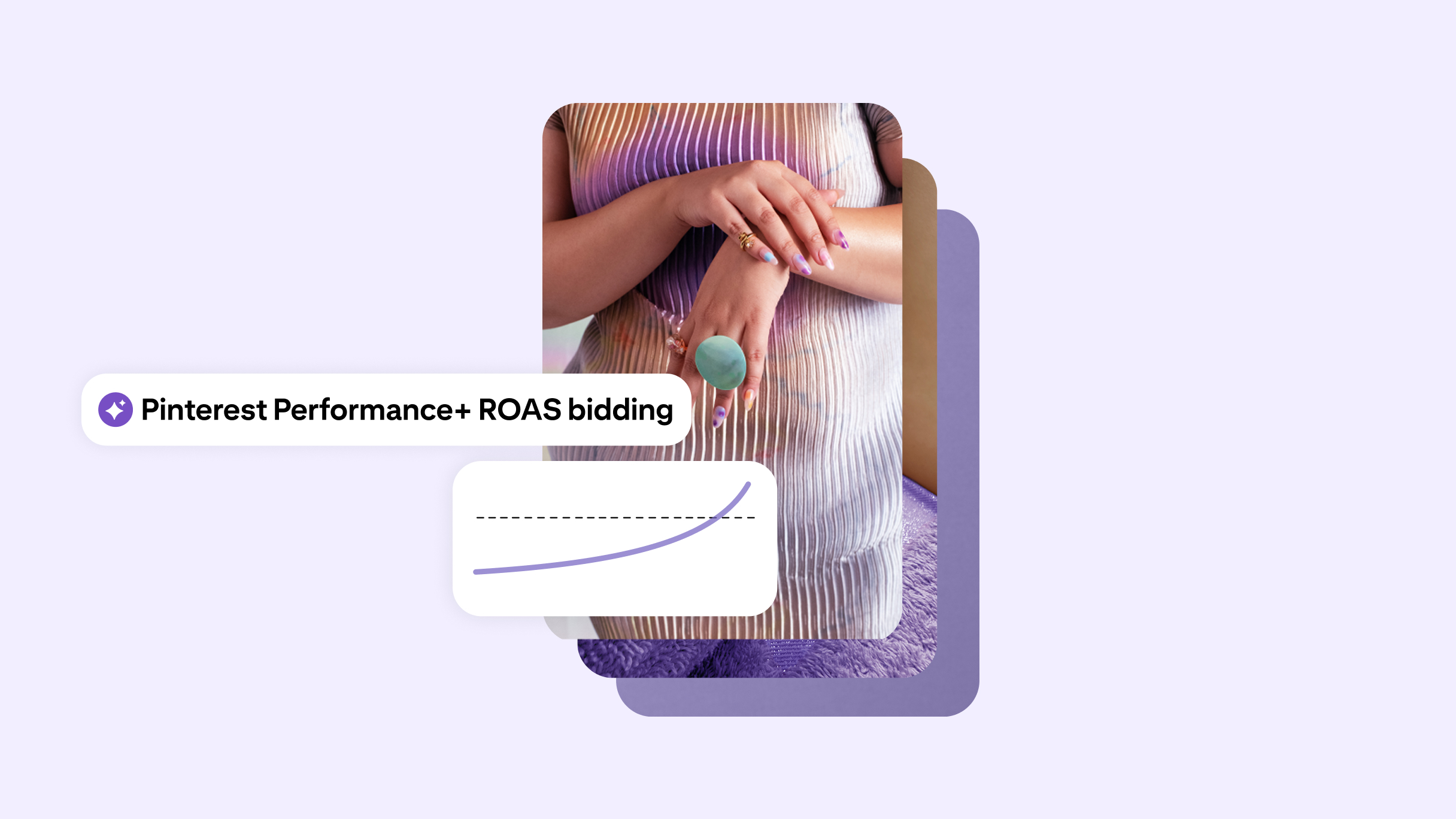  Épingle Pinterest fictive montrant des mains manucurées aux tons pastel avec des bagues, et portant l’inscription « ROAS bidding » et une courbe graphique montante, pour illustrer la hausse du ROAS pour les campagnes shopping Pinterest.