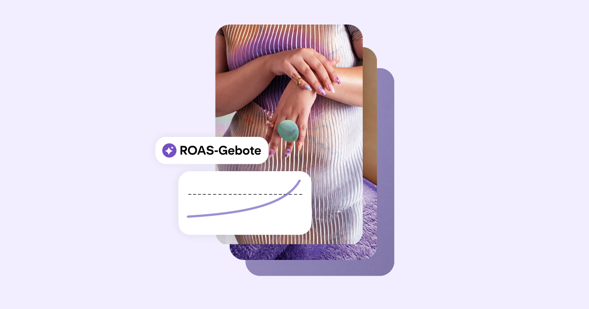  Beispiel für Pinterest-Pin mit Nahaufnahme von Händen mit pastellfarbenen, manikürten Nägeln und Ringen, überlagert durch „ROAS-Gebote“ und ein Diagramm mit aufsteigender Linie, das das Wachstum des ROAS für Pinterest-Shopping-Kampagnen veranschaulicht