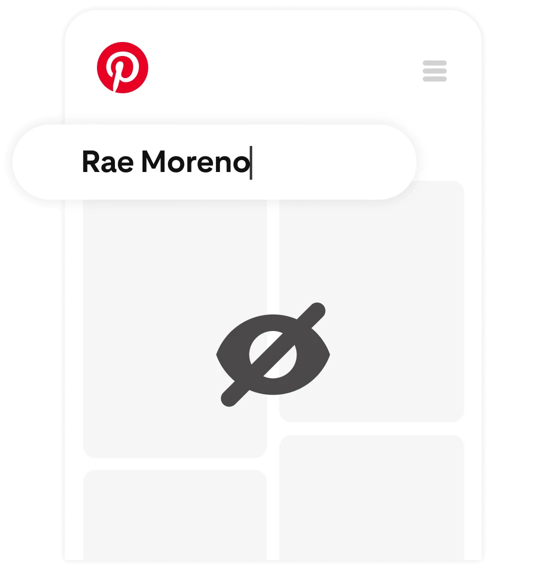 「Rae Moreno」という名前が検索バーに入力されている、プライベート Pinterest フィード