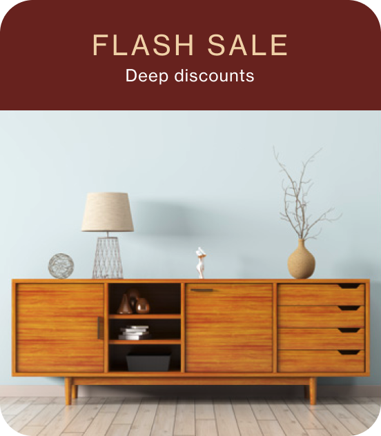Pin of a midcentury modern storage cabinet with decorative lamp and vase, with the words flash sale, deep discounts