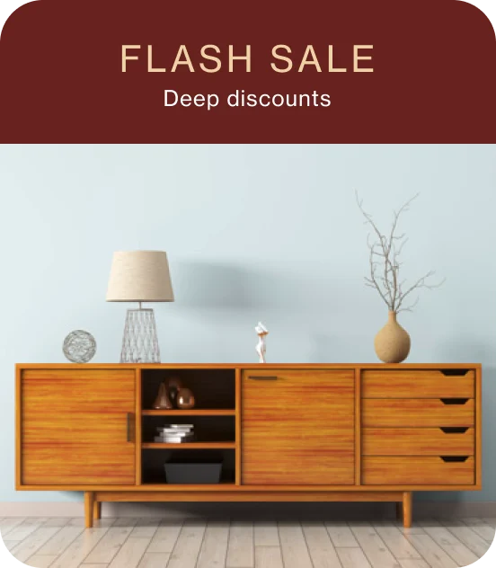 Pin of a mid-century modern storage cabinet with decorative lamp and vase, with the words ‘flash sale, deep discounts’