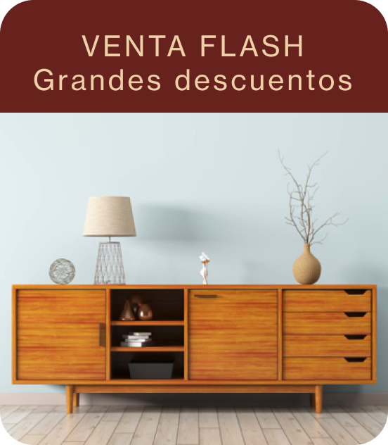 Pin de un mueble moderno de estilo de mediados de siglo con una lámpara y un jarrón decorativos encima, y el texto "Flash sale, grandes descuentos"