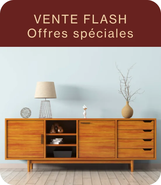 Épingle d’un meuble de rangement moderne des années 1950 avec une lampe et un vase, ainsi que les mots « vente flash » et « promo »