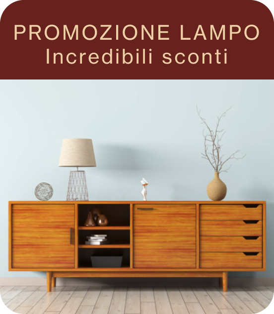 Pin di una credenza in stile Mid-century moderno con una lampada e un vaso, con la scritta "Promozione lampo, incredibili sconti"