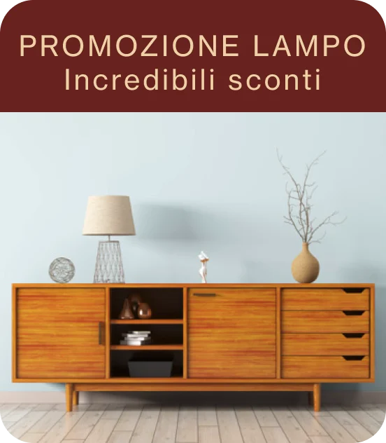 Pin di una credenza in stile Mid-century moderno con una lampada e un vaso, con la scritta "Promozione lampo, incredibili sconti"