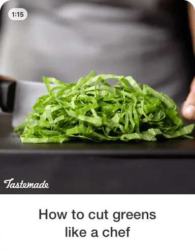 Final shot of sliced greens with descriptive copy, "How to cut greens like a chef"