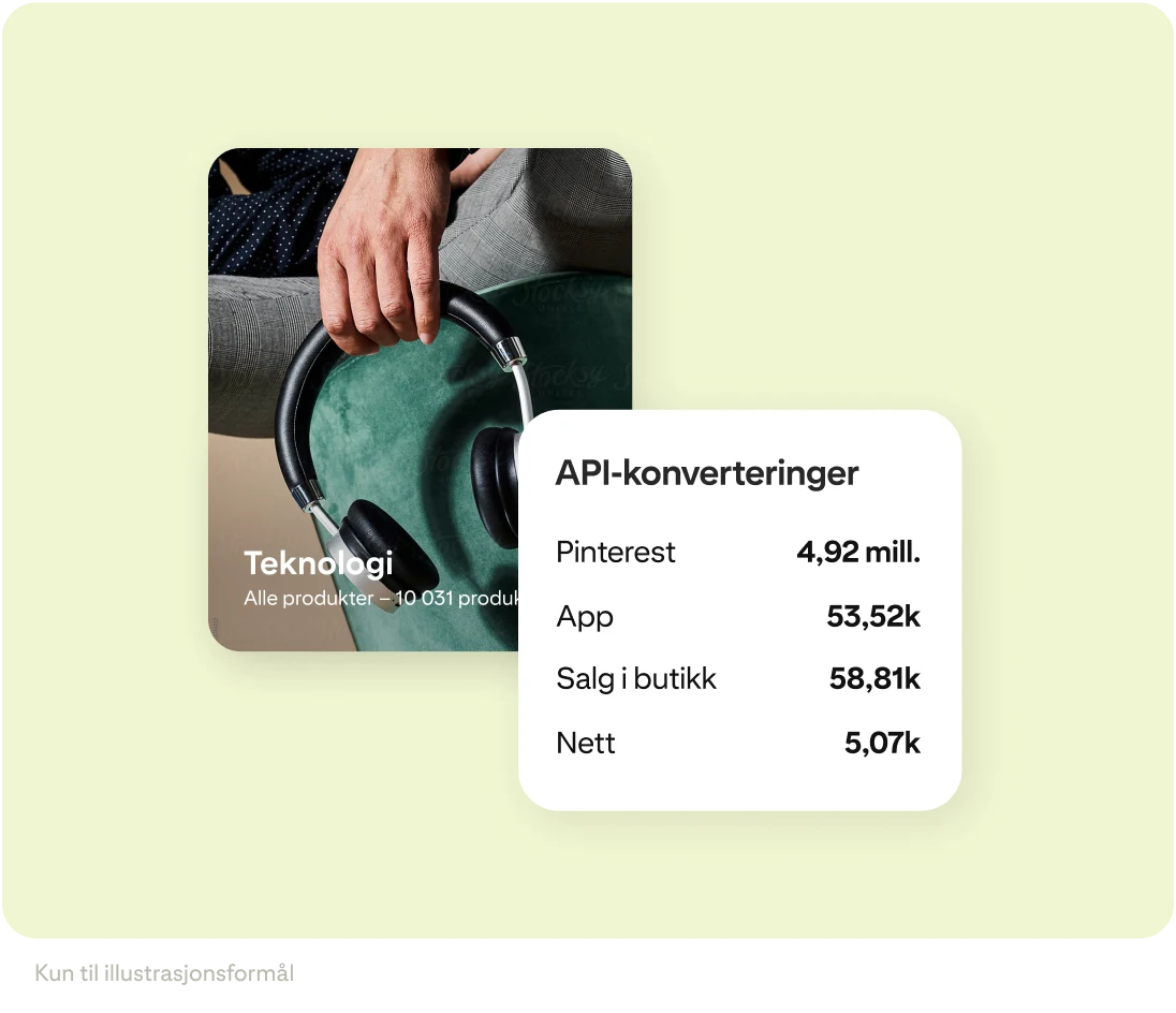 Nærbilde av en person som justerer en vintagegrønn hodetelefon på en mørk jeansbakgrunn, ledsaget av data som representerer det som fanges opp av Pinterests API-konvertering: Pinterest, app, salg utenfor nettet og nettkonverteringer.