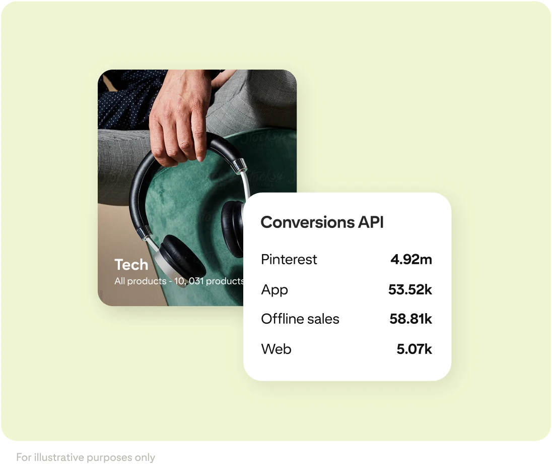 Close-up of a person’s hand holding vintage-look headphones on a green background, accompanied by data that represents what is captured by Pinterest's conversion API: Pinterest, app, offline sales and web conversions.