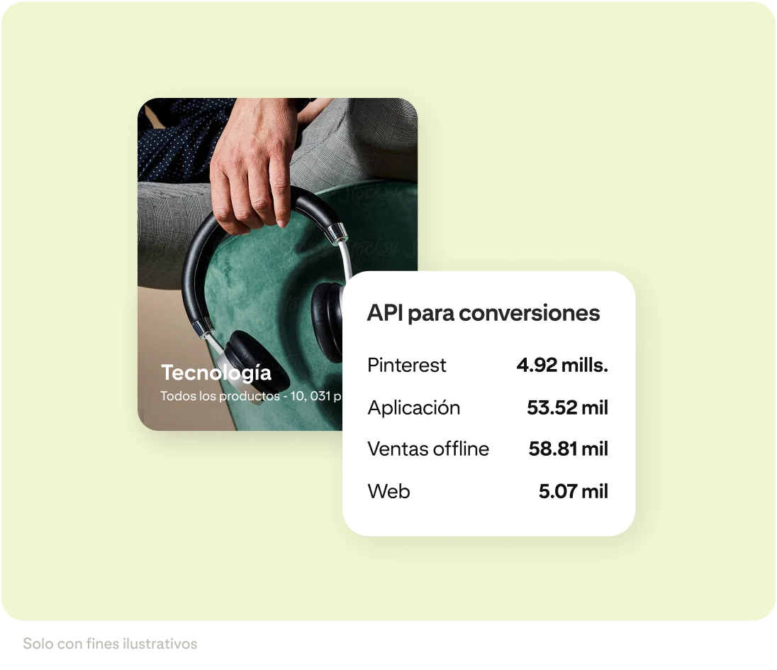 Un primer plano de una mano ajustando auriculares vintage sobre un fondo de color verde, en el que aparecen unos jeans oscuros, acompañado de los datos que captura la API de conversiones: Pinterest, Aplicación, Ventas offline y Conversiones web.