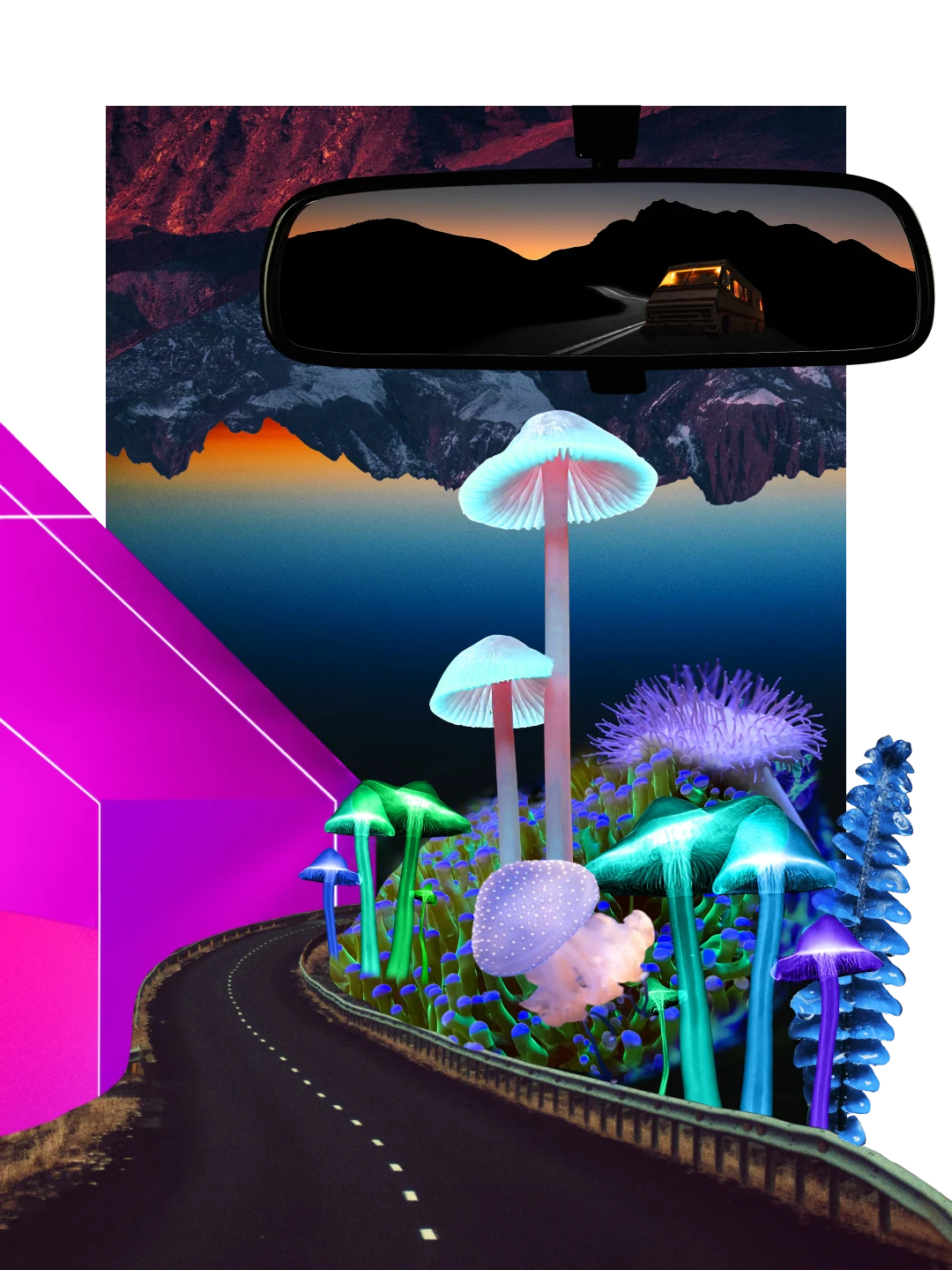 Vibrant collage of nighttime themes. Neon pink geometric shape on the left, with dark mountain formations and large cartoon mushrooms in the foreground. Rearview mirror view at top with minivan, road and mountains at sunset.
