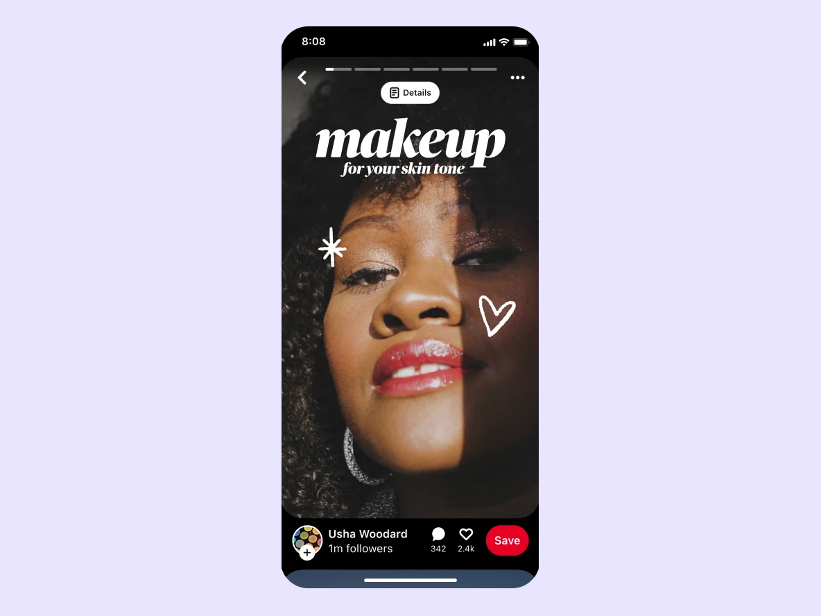 Épingle montrant le visage d'une femme noire avec des lèvres rouges et le titre « makeup for your skin tone » (maquillage adapté à votre carnation) écrit en superposition