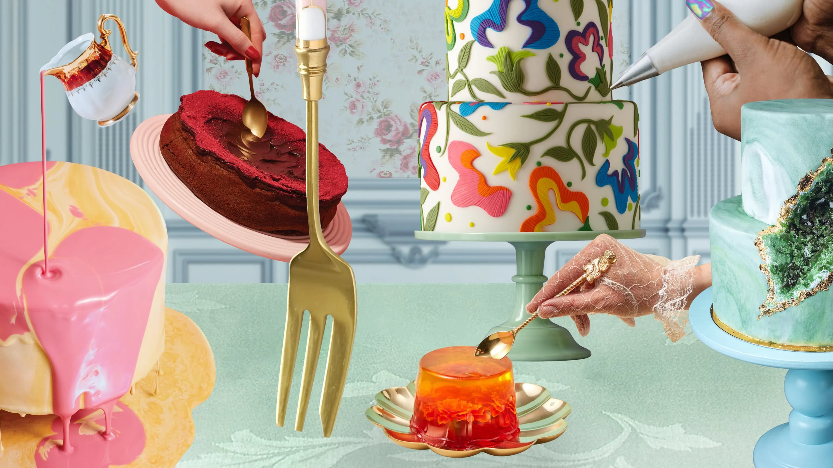 Collage of cakes. Yellow rounded cake with a teacup hovering on top spilling pink icing over it. Red velvet cake with a chocolate centre. Two-tier cake with flowers made out of fondant. Orange jelly cake. Green geode cake. 
