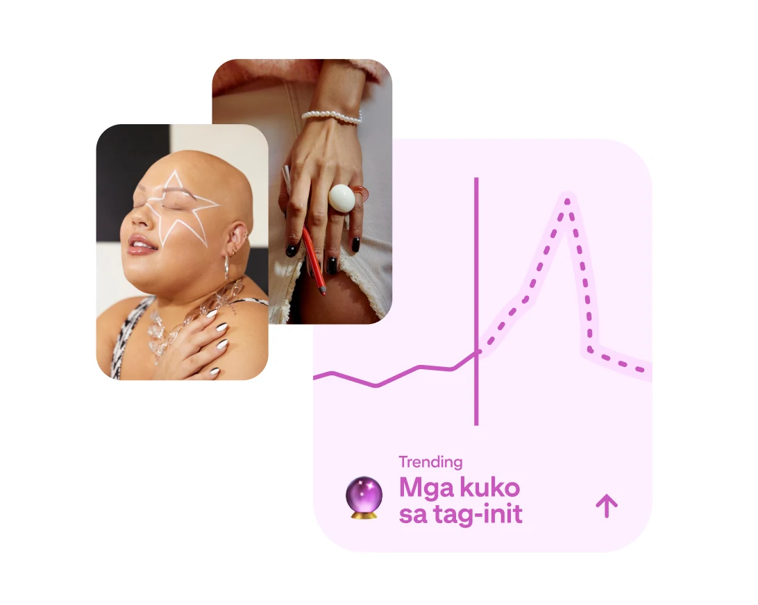 Nagtatampok ang dalawang larawan ng mga taong may natatanging makeup at accessory, sa tabi ng isang line graph para sa mga trending na kuko sa tag-init.