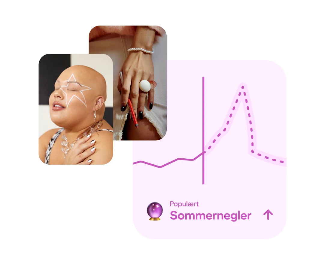 To bilder viser personer med dristig sminke og tilbehør, ved siden av et linjediagram for populære sommernegler.