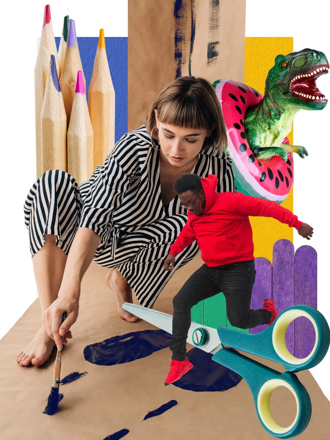 Collage de manualidades. Un tiranosaurio rex de juguete con un flotador de sandía. En el centro, una mujer de piel clara pintando el piso. A la derecha, un hombre de piel oscura saltando sobre tijeras. Grandes lápices, tijeras y papel adhesivo de colores.
