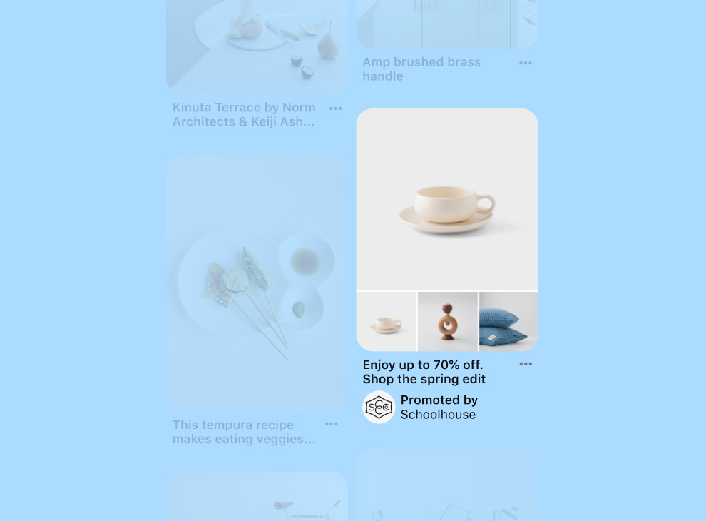 Pin showing a white cup and saucer above three images of the cup and saucer, hand-crank nut cracker and two blue pillows, for a brand called Schoolhouse with the caption, enjoy up to 70% off, shop the spring edit