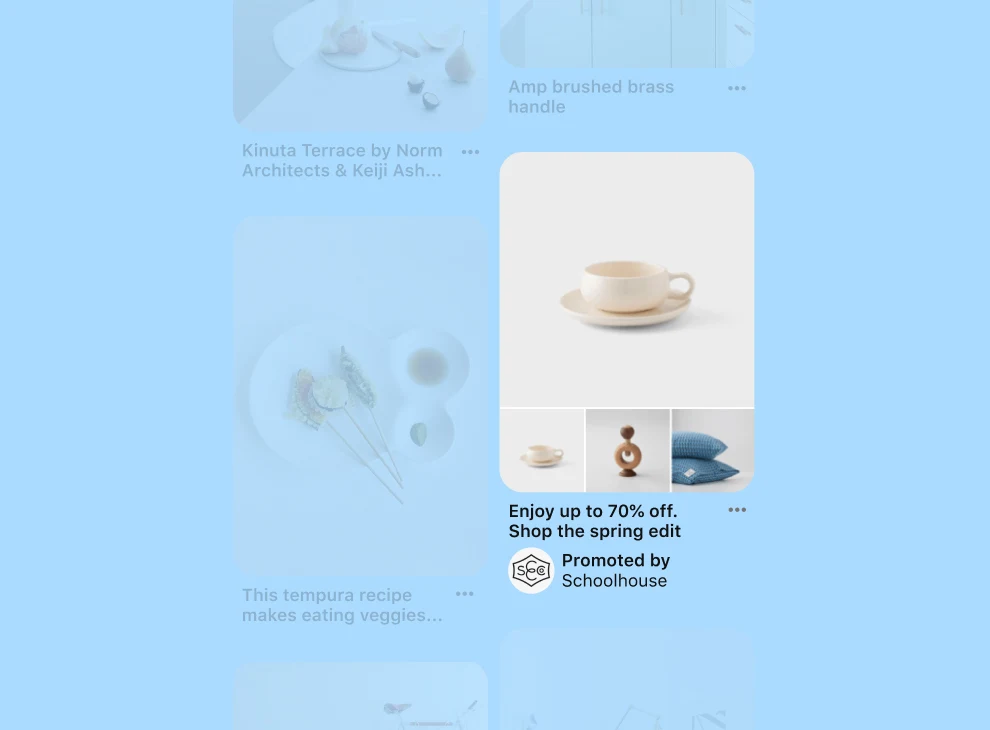 Pin showing a white cup and saucer above three images of the cup and saucer, hand-crank nut cracker and two blue pillows, for a brand called Schoolhouse with the caption, enjoy up to 70% off, shop the spring edit