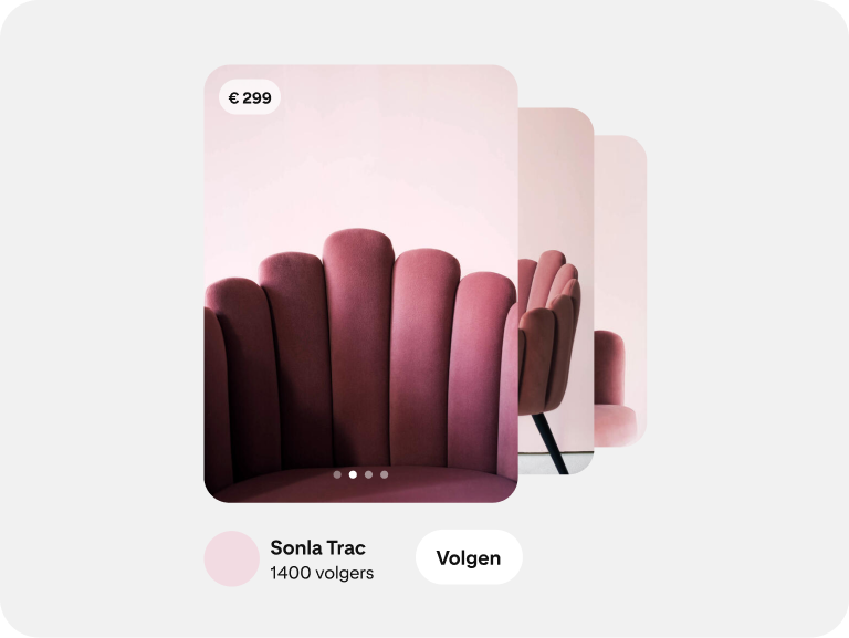 Een carrouseladvertentie toont meerdere soorten roze stoelen, met informatie over het merk. 