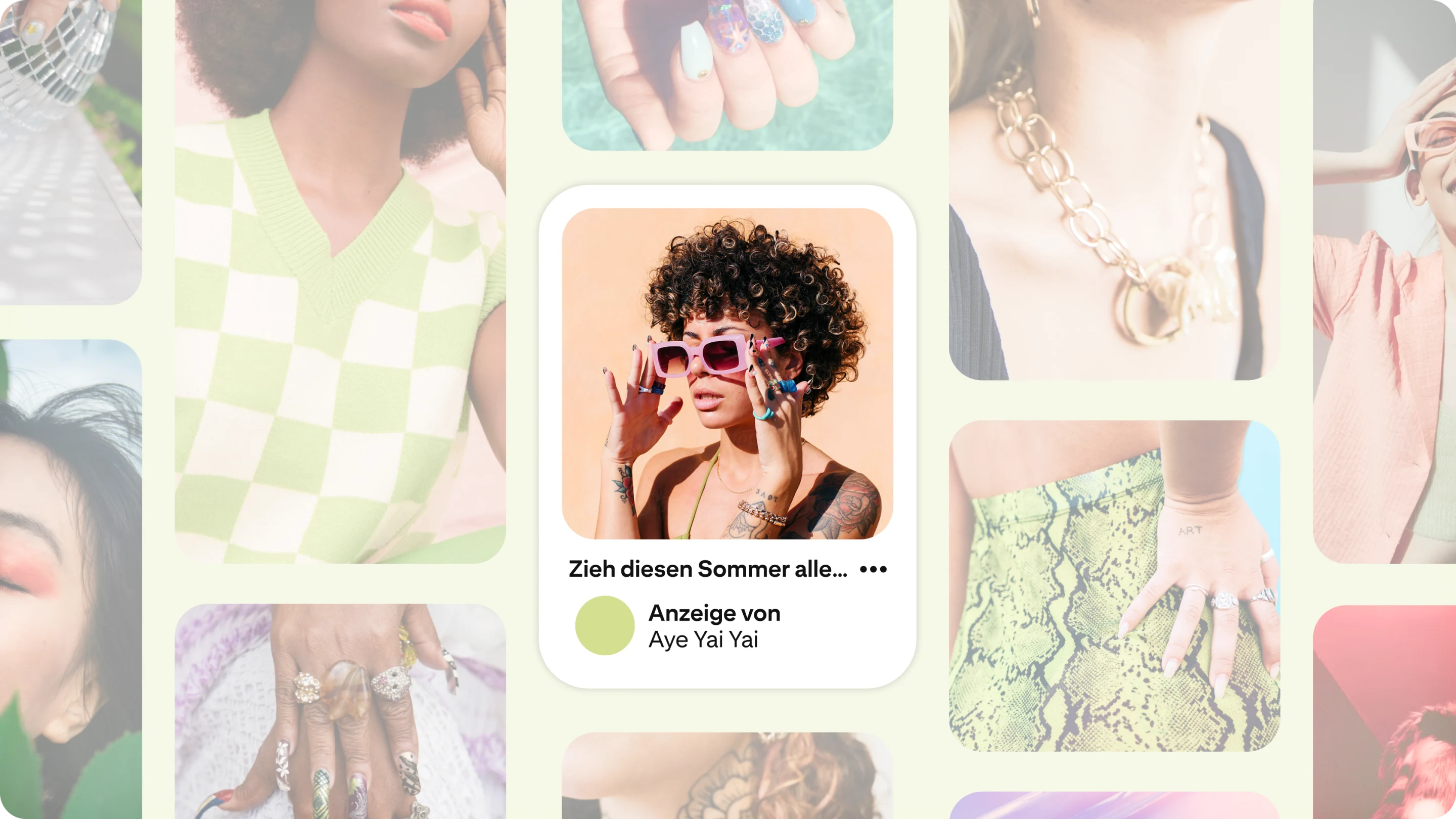 Innerhalb der Darstellung mehrerer Pins zum Thema Mode ist auf einer Anzeige eine Frau der Gen Z zu sehen, die eine pinke Sonnenbrille trägt.