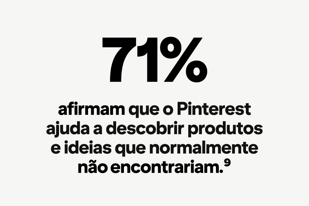 O texto em preto diz: "71% afirmam que o Pinterest ajuda a descobrir produtos e ideias que normalmente não encontrariam."