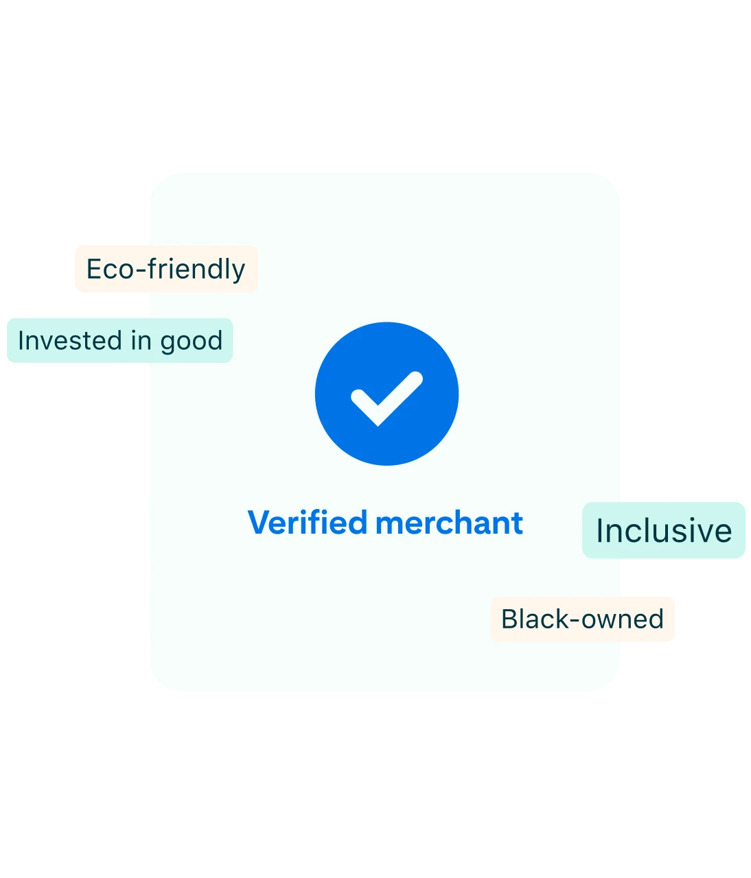 Image of Pinterest's verified merchant logo, surrounded by phrases on the left and right of the logo. On the left, from top to bottom, are the phrases ‘Eco-friendly’ and ‘Invested in good’. On the right, from top to bottom, are the phrases ‘Inclusive’ and ‘Black-owned’.