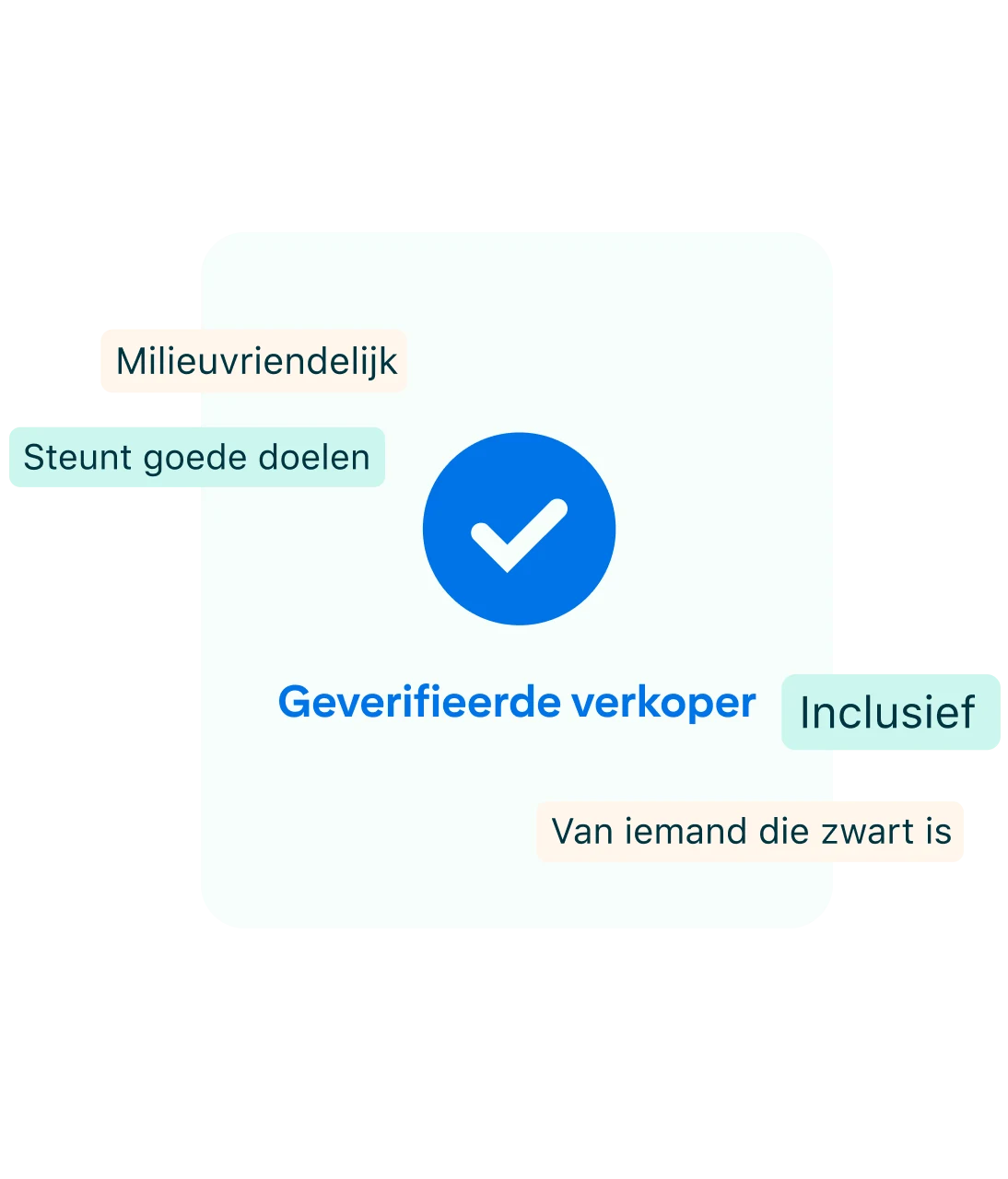 Afbeelding van het logo voor een geverifieerde verkoper op Pinterest, omringd door uitspraken. Aan de linkerkant staan, van boven naar beneden, de uitspraken 'Eco-friendly' (Milieubewust) en 'Invested in good' (Steunt goede doelen). Aan de rechterkant staan, van boven naar beneden, de uitspraken 'Inclusive' (Inclusief) en 'Black-owned' (Van iemand die zwart is).