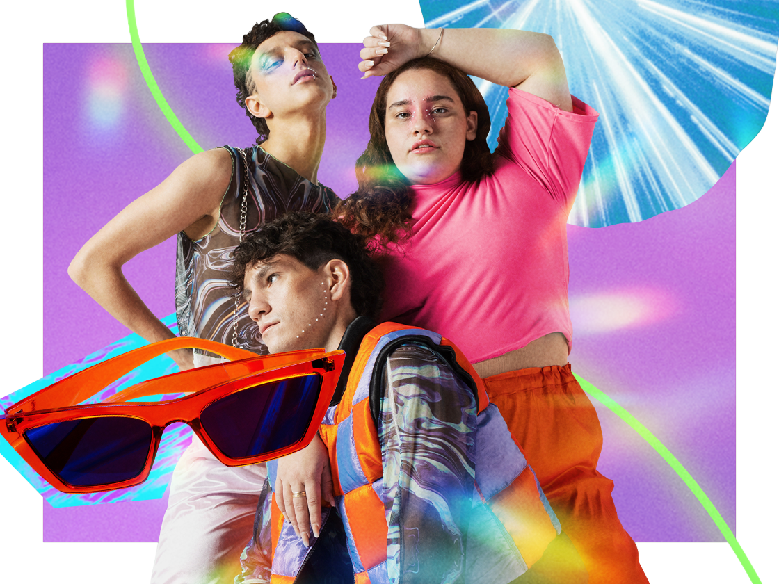Collage featuring three people of different ethnic and gender identities posing in bright clothing, surrounded by rave-inspired items. 