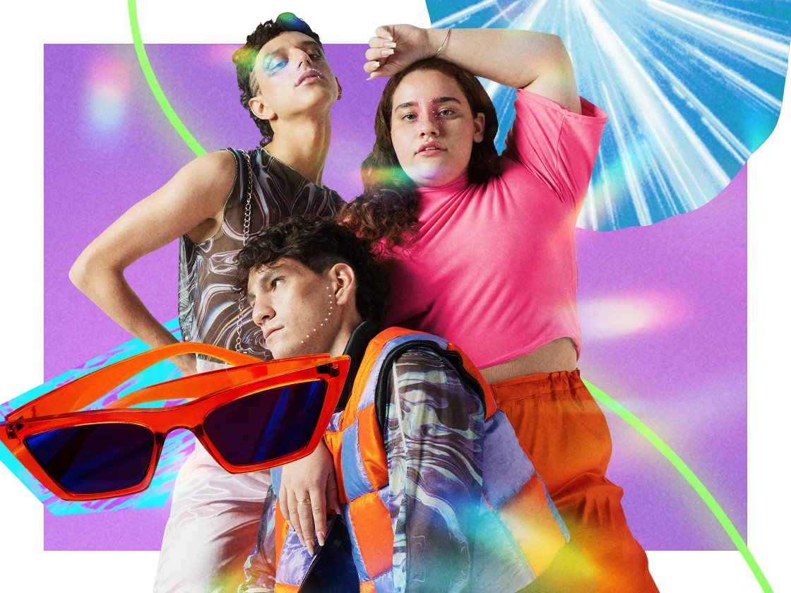 Collage con tres personas de diferentes etnias e identidades de género que posan con ropa brillante, rodeadas de artículos de estilo rave. 